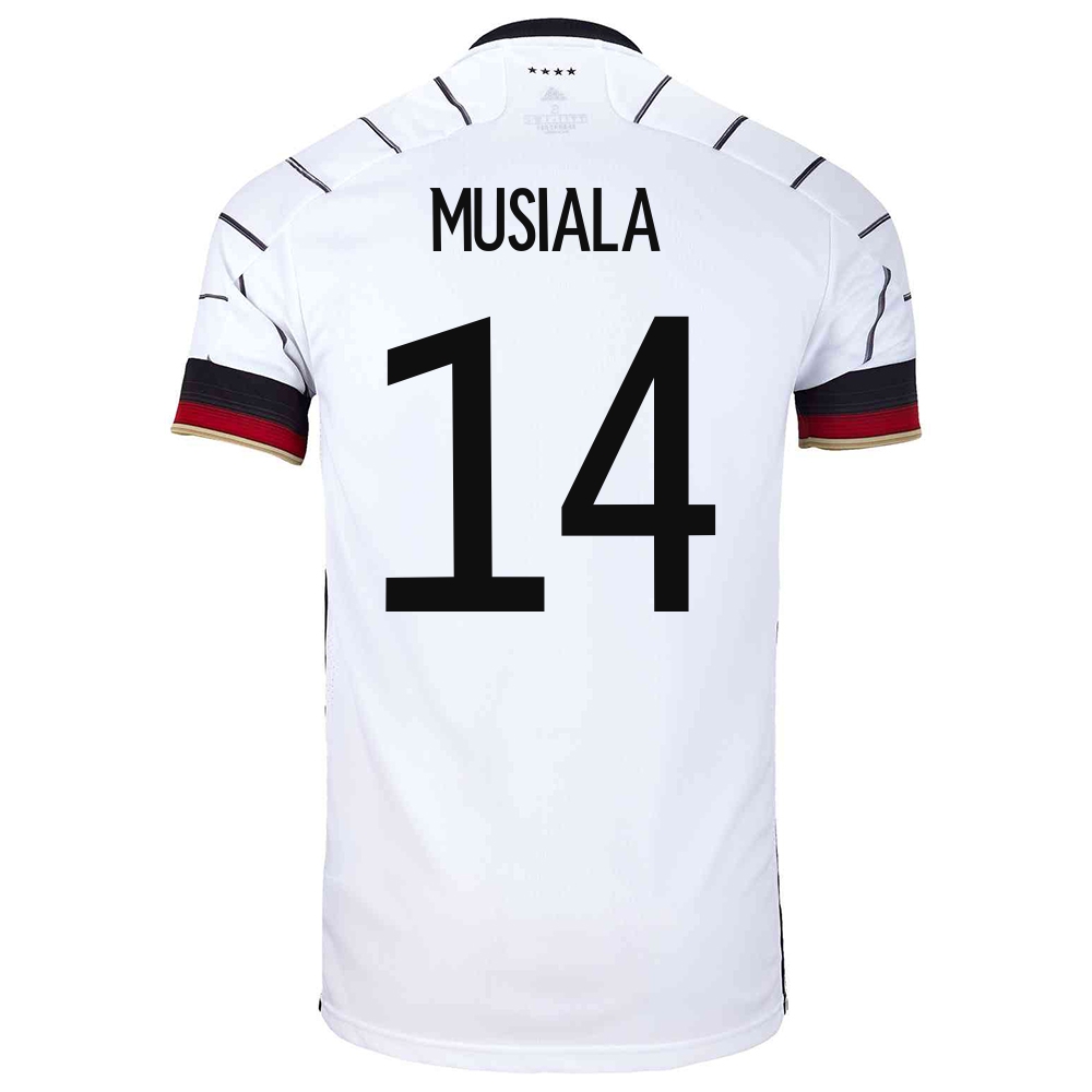 Gyermek Német Labdarúgó-válogatott Jamal Musiala #14 Hazai Fehér 2021 Mez Póló Ing