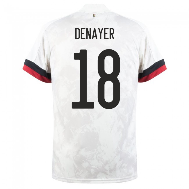 Női Belga labdarúgó-válogatott Jason Denayer #18 Idegenbeli Fehér fekete 2021 Mez Póló Ing
