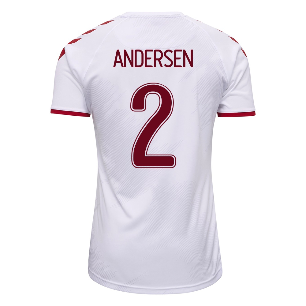 Női Dán labdarúgó-válogatott Joachim Andersen #2 Idegenbeli Fehér 2021 Mez Póló Ing