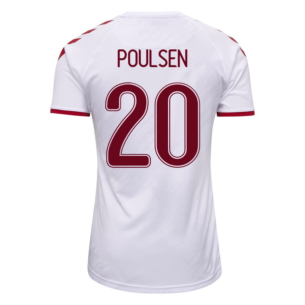 Női Dán labdarúgó-válogatott Yussuf Poulsen #20 Idegenbeli Fehér 2021 Mez Póló Ing