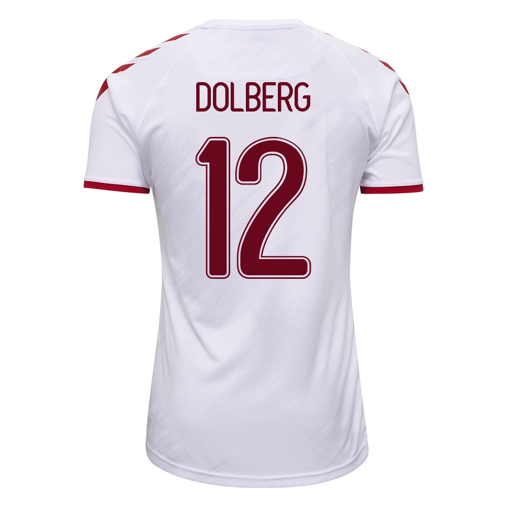 Női Dán labdarúgó-válogatott Kasper Dolberg #12 Idegenbeli Fehér 2021 Mez Póló Ing
