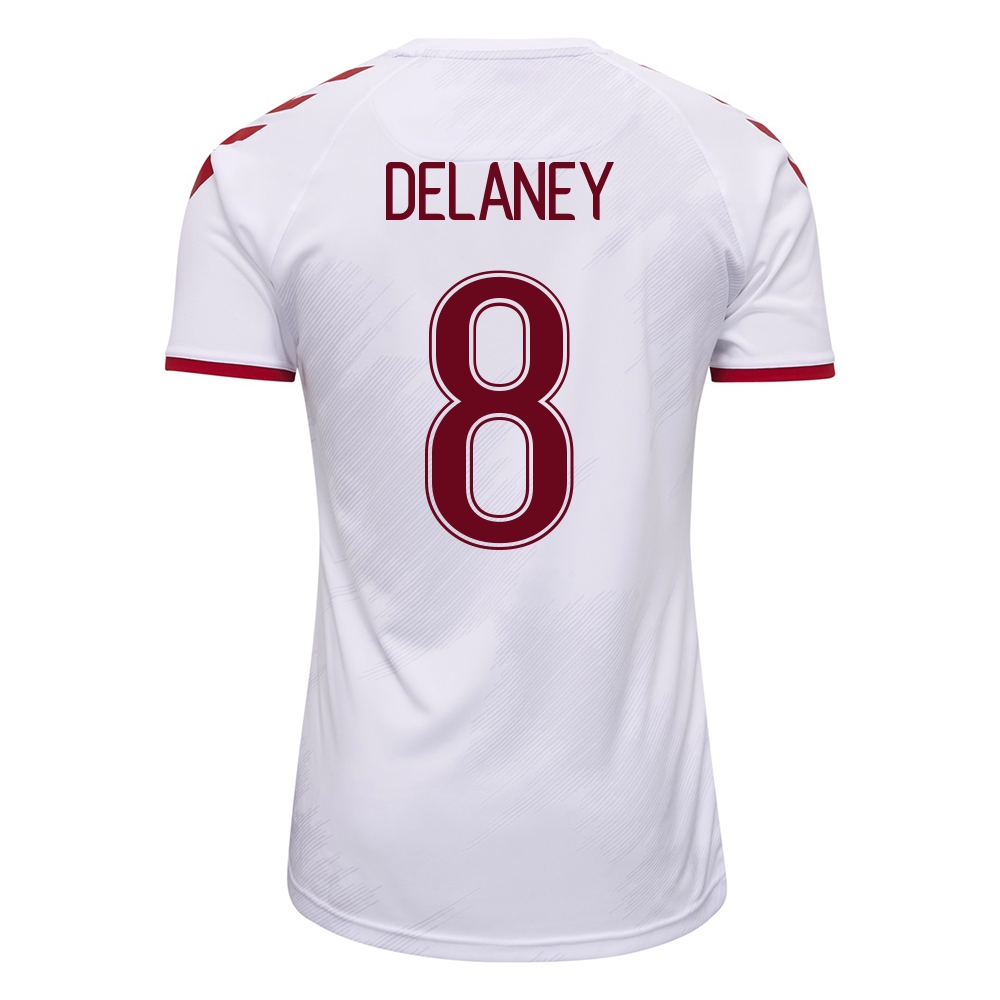 Női Dán labdarúgó-válogatott Thomas Delaney #8 Idegenbeli Fehér 2021 Mez Póló Ing