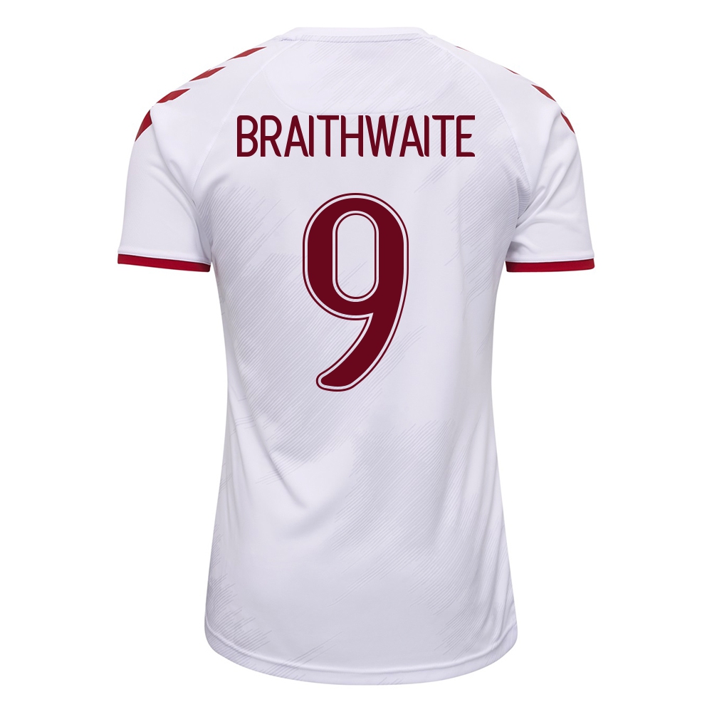 Női Dán labdarúgó-válogatott Martin Braithwaite #9 Idegenbeli Fehér 2021 Mez Póló Ing