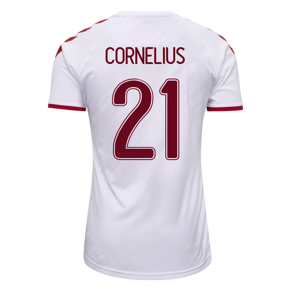 Női Dán labdarúgó-válogatott Andreas Cornelius #21 Idegenbeli Fehér 2021 Mez Póló Ing