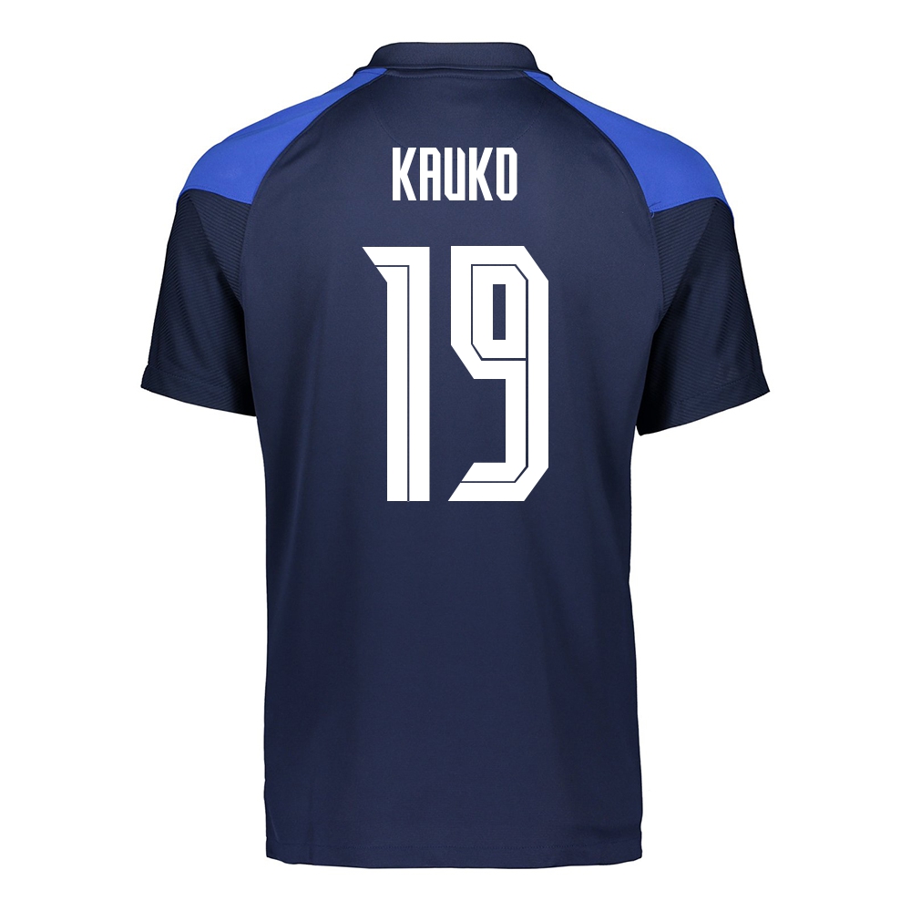 Női Finn labdarúgó-válogatott Joni Kauko #19 Idegenbeli Sötétkék 2021 Mez Póló Ing