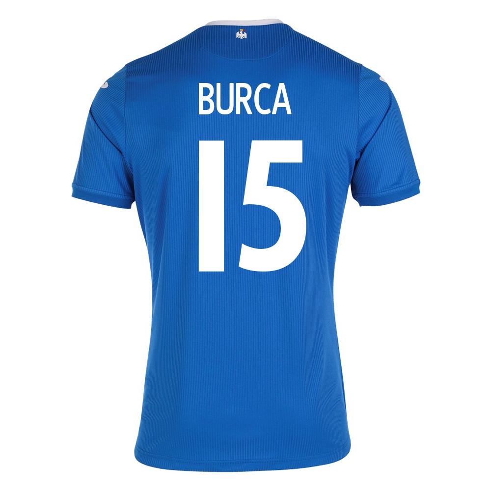 Női Román labdarúgó-válogatott Andrei Burca #15 Idegenbeli Kék 2021 Mez Póló Ing