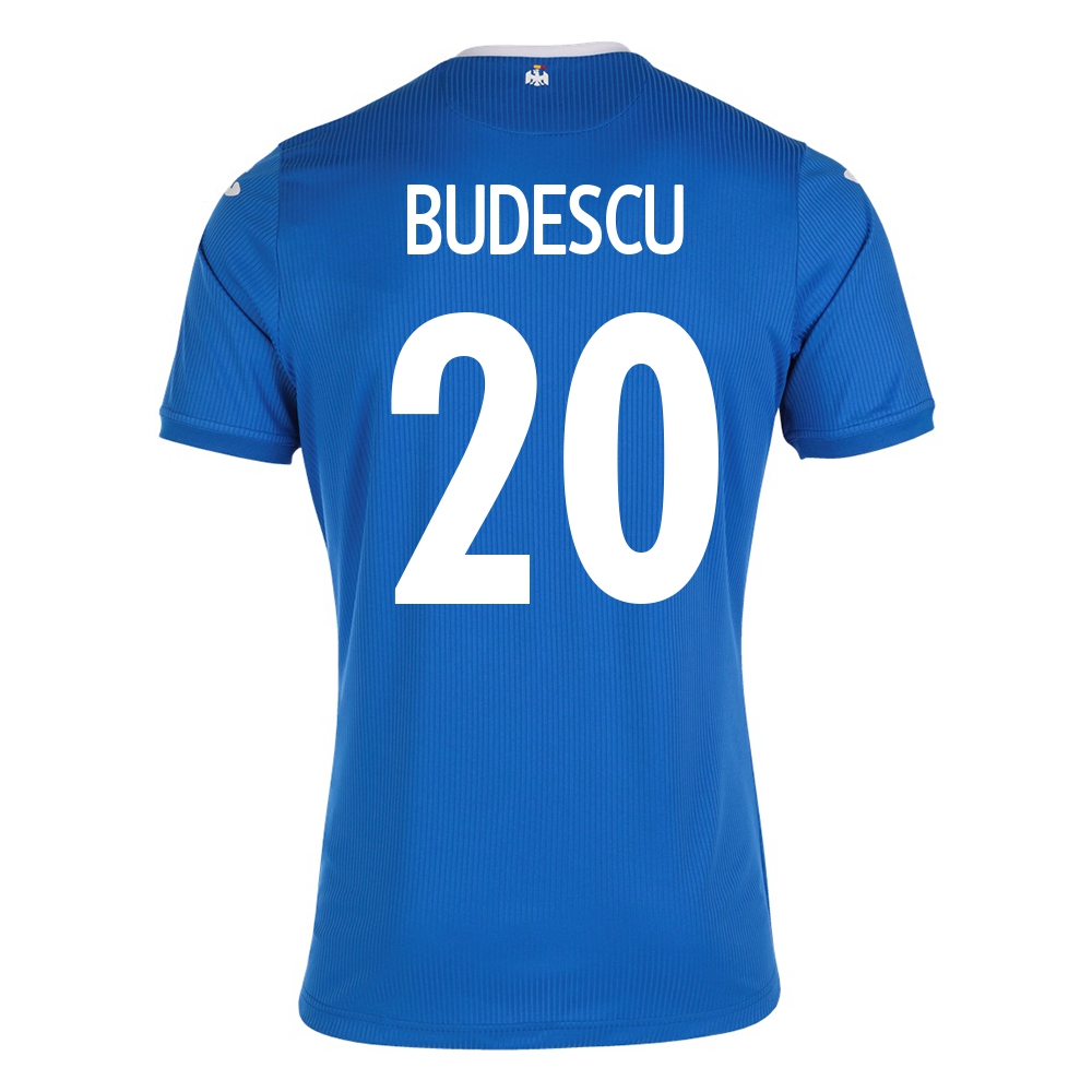 Női Román labdarúgó-válogatott Constantin Budescu #20 Idegenbeli Kék 2021 Mez Póló Ing