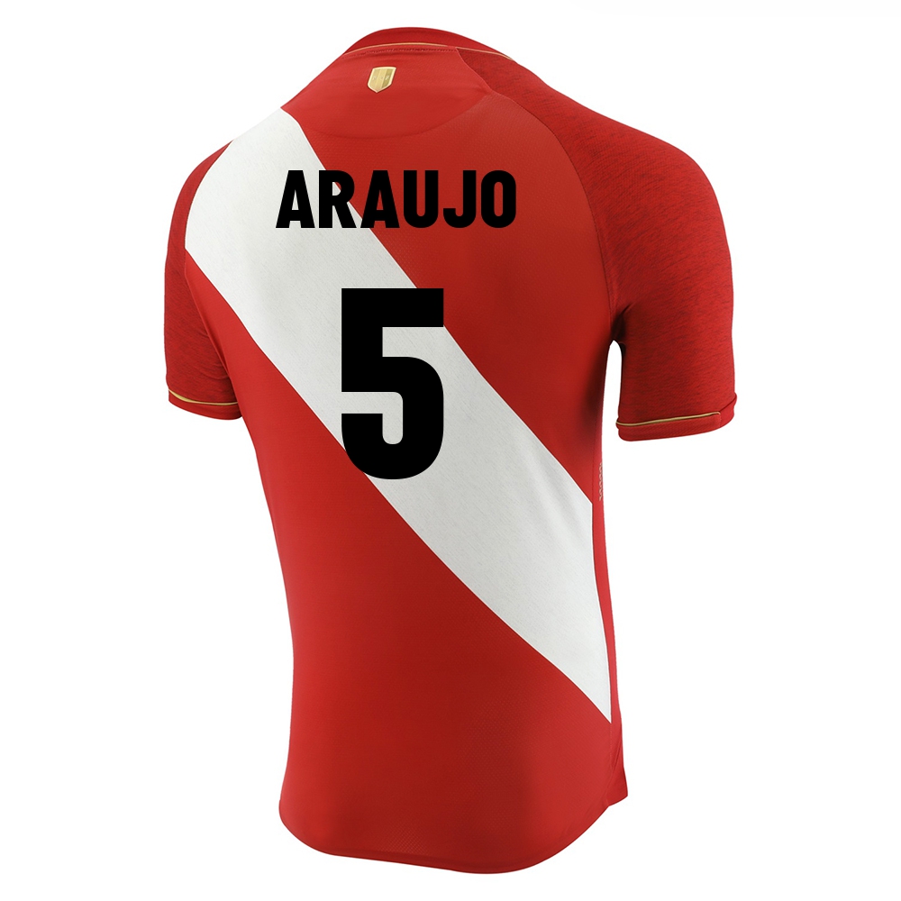 Női Perui labdarúgó-válogatott Miguel Araujo #5 Idegenbeli Piros fehér 2021 Mez Póló Ing