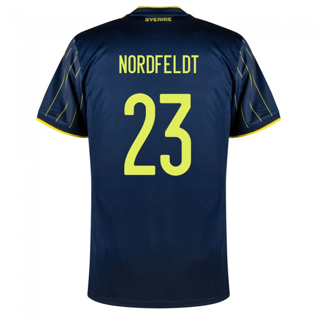 Férfi Svéd labdarúgó-válogatott Kristoffer Nordfeldt #23 Idegenbeli Sötétkék 2021 Mez Póló Ing