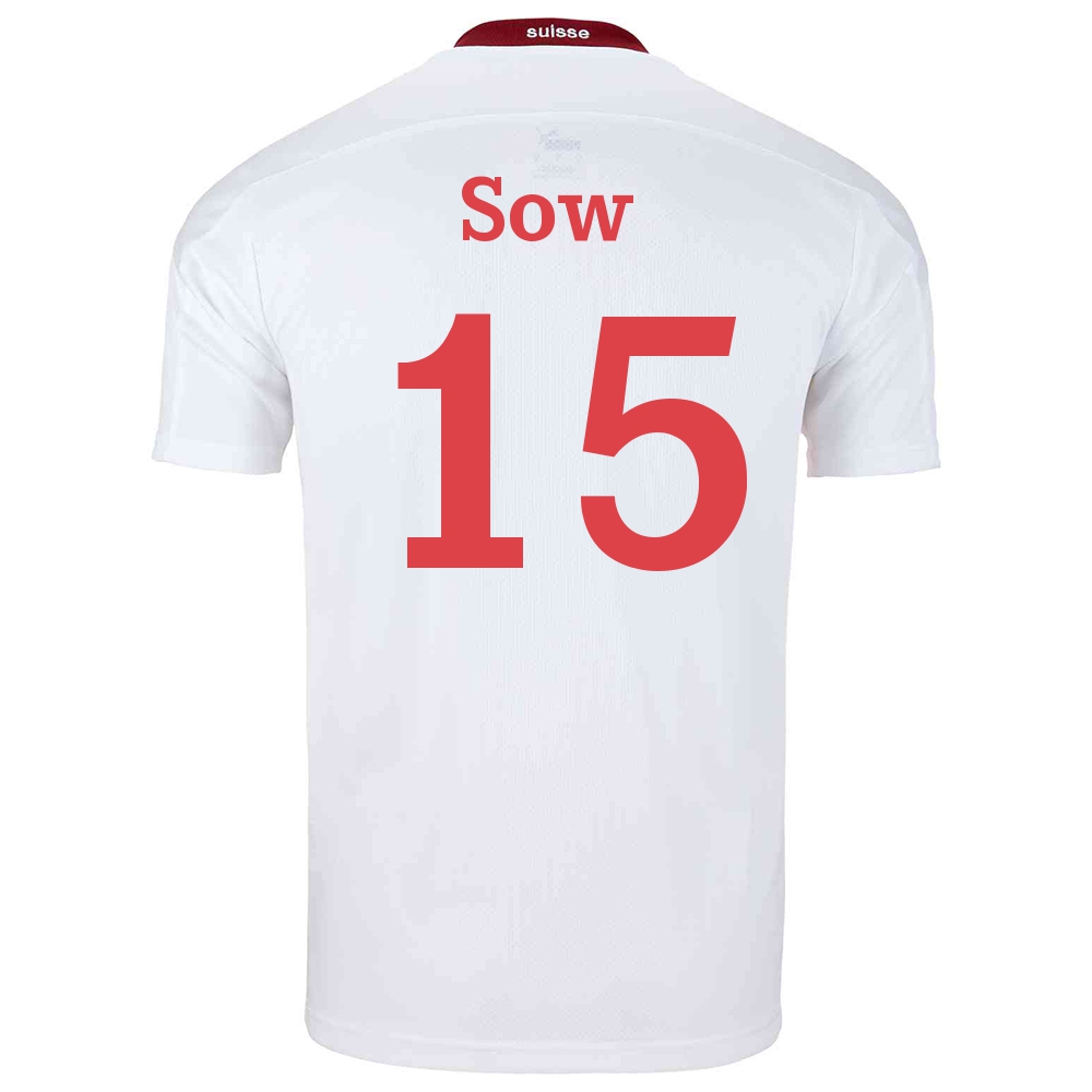 Női Svájci labdarúgó-válogatott Djibril Sow #15 Idegenbeli Fehér 2021 Mez Póló Ing