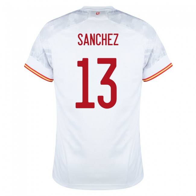 Férfi Spanyol labdarúgó-válogatott Robert Sanchez #13 Idegenbeli Fehér 2021 Mez Póló Ing