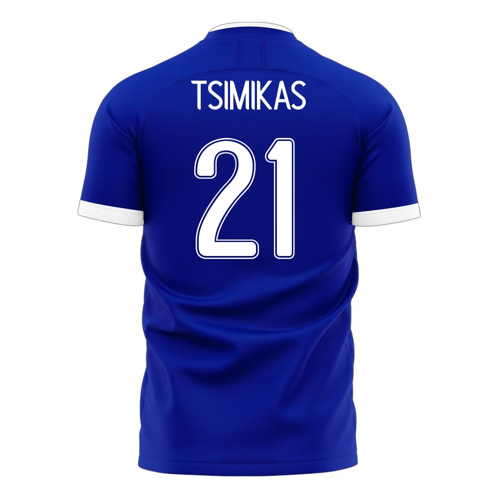 Női Görög labdarúgó-válogatott Konstantinos Tsimikas #21 Idegenbeli Kék 2021 Mez Póló Ing
