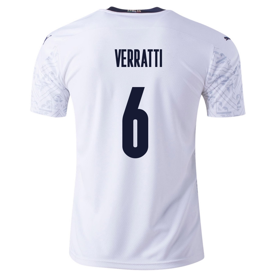 Férfi Olasz labdarúgó-válogatott Marco Verratti #6 Idegenbeli Fehér 2021 Mez Póló Ing