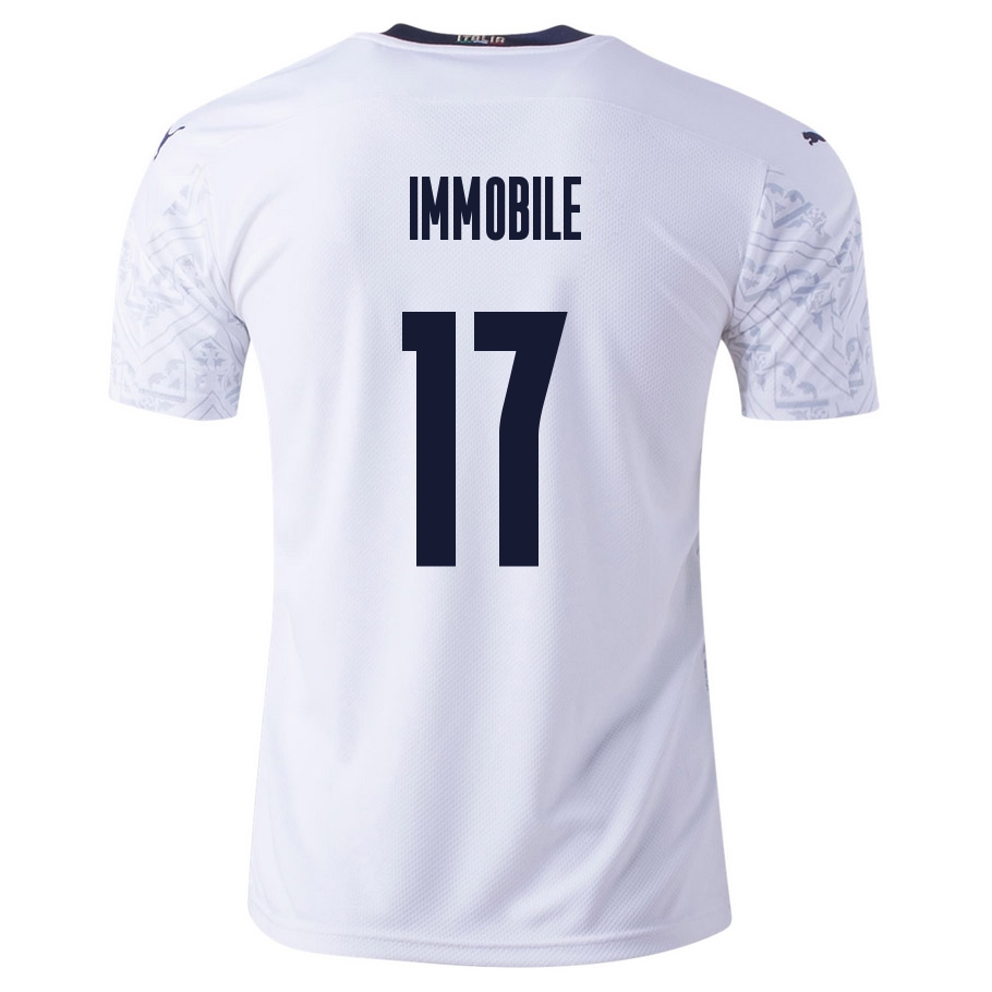 Női Olasz labdarúgó-válogatott Ciro Immobile #17 Idegenbeli Fehér 2021 Mez Póló Ing