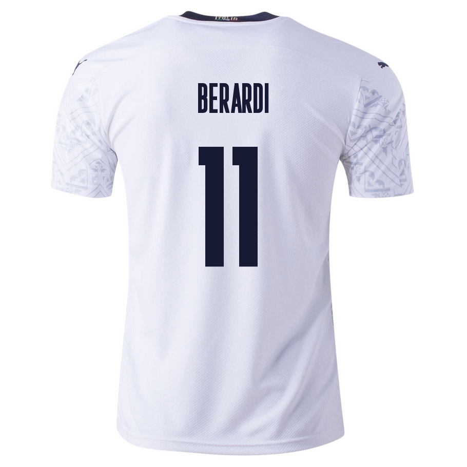 Női Olasz labdarúgó-válogatott Domenico Berardi #11 Idegenbeli Fehér 2021 Mez Póló Ing