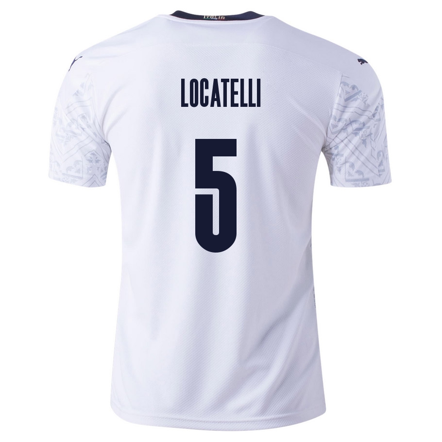 Női Olasz labdarúgó-válogatott Manuel Locatelli #5 Idegenbeli Fehér 2021 Mez Póló Ing