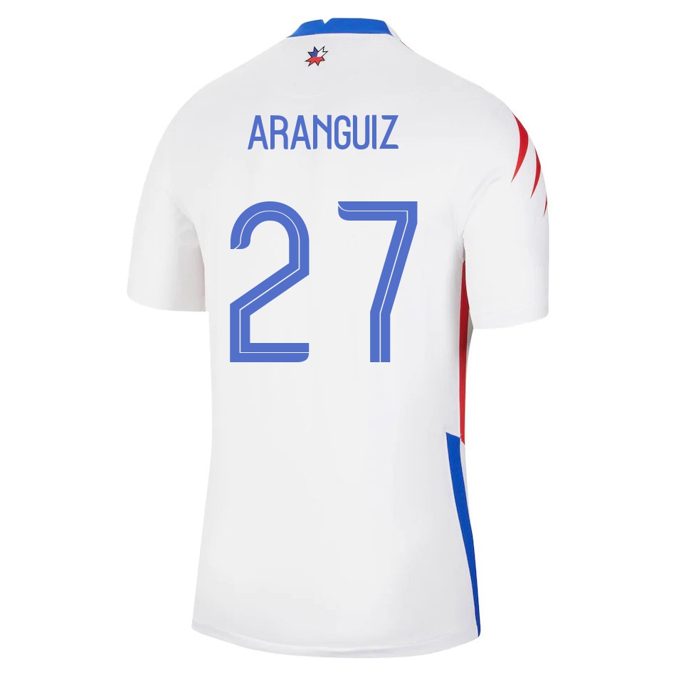 Férfi Chilei labdarúgó-válogatott Pablo Aranguiz #27 Idegenbeli Fehér 2021 Mez Póló Ing