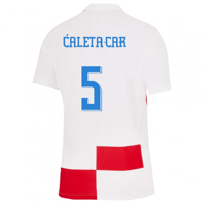 Kandiny Gyermek Horvátország Duje Caleta Car #5 Fehér Piros Hazai Jersey 24-26 Mez Póló Ing