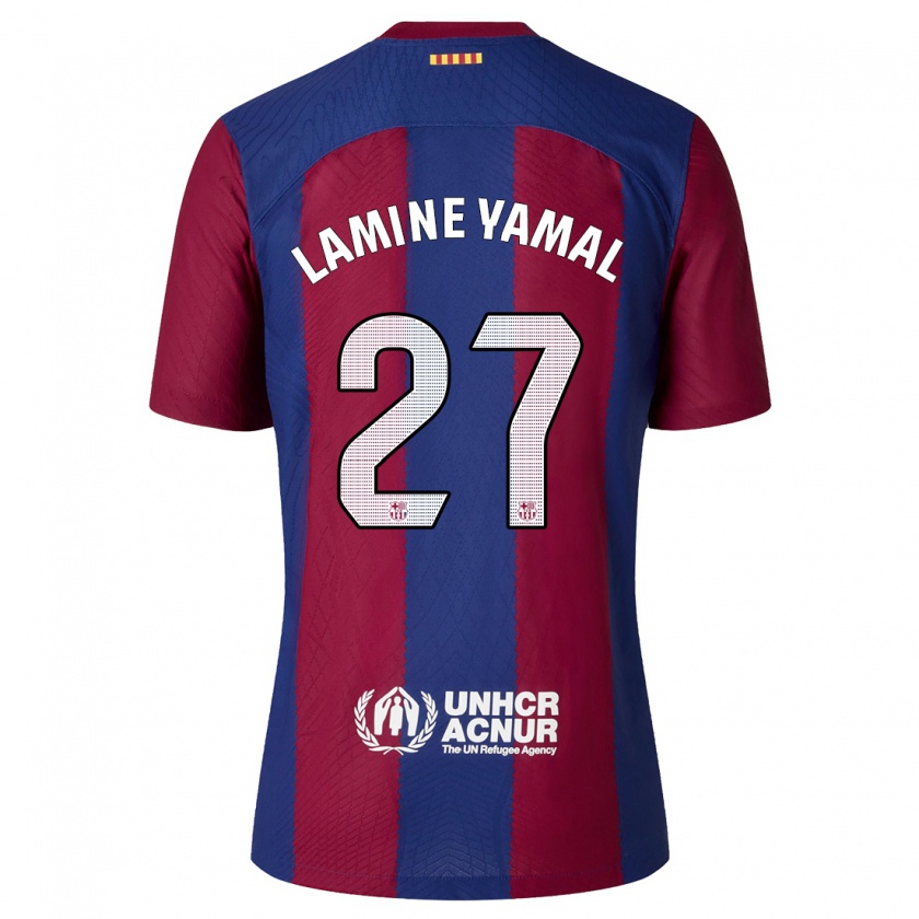Kandiny Férfi Lamine Yamal #27 Piros Kék Hazai Jersey 2023/24 Mez Póló Ing
