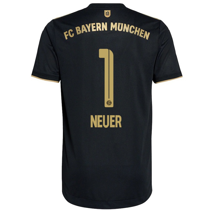 Gyermek Labdarúgás Manuel Neuer #1 Fekete Idegenbeli Jersey 2021/22 Mez Póló Ing