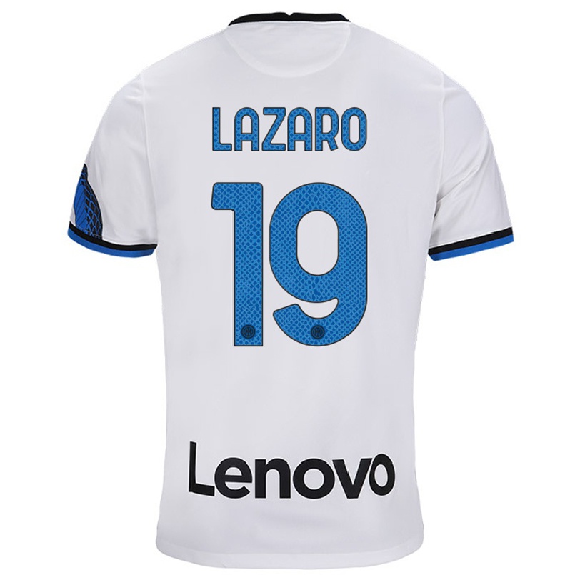 Gyermek Labdarúgás Valentino Lazaro #19 Fehér Kék Idegenbeli Jersey 2021/22 Mez Póló Ing