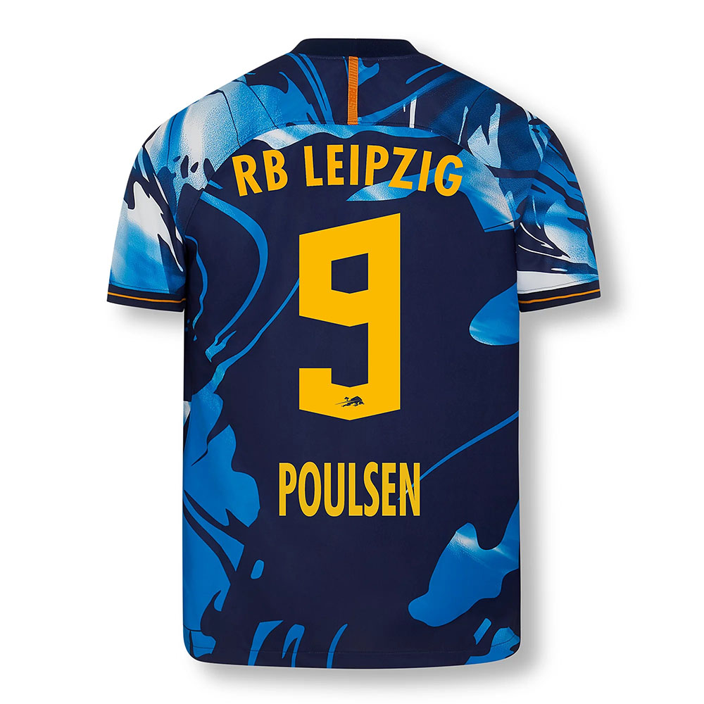 Férfi Labdarúgás Yussuf Poulsen #9 Uefa Fehér Kék Mez 2020/21 Póló Ing