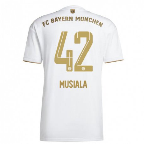 Kandiny Női Jamal Musiala #42 Fehér Aranypénz Idegenbeli Jersey 2022/23 Mez Póló Ing