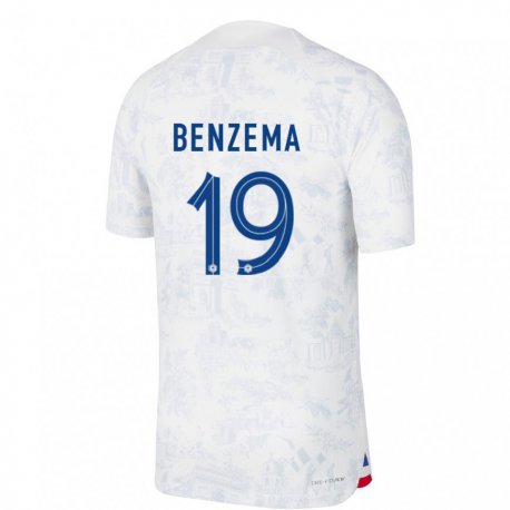 Kandiny Gyermek Francia Karim Benzema #19 Fehér Kék Idegenbeli Jersey 22-24 Mez Póló Ing