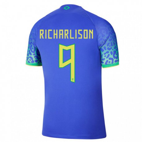 Kandiny Férfi Brazil Richarlison #9 Kék Idegenbeli Jersey 22-24 Mez Póló Ing