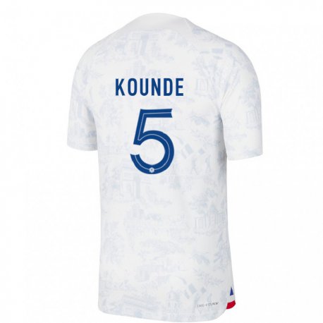 Kandiny Férfi Francia Jules Kounde #5 Fehér Kék Idegenbeli Jersey 22-24 Mez Póló Ing