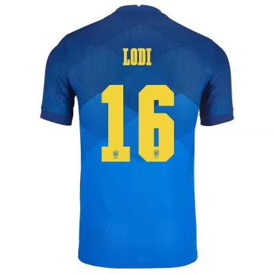 Női Brazil labdarúgó-válogatott Renan Lodi #16 Idegenbeli Kék 2021 Mez Póló Ing