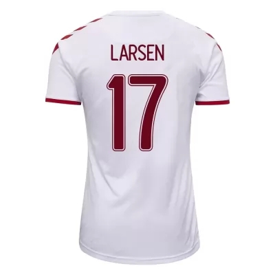 Női Dán labdarúgó-válogatott Jens Stryger Larsen #17 Idegenbeli Fehér 2021 Mez Póló Ing