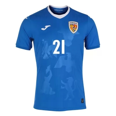 Női Román labdarúgó-válogatott Darius Olaru #21 Idegenbeli Kék 2021 Mez Póló Ing
