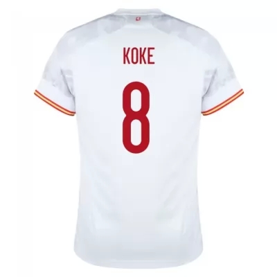 Férfi Spanyol labdarúgó-válogatott Koke #8 Idegenbeli Fehér 2021 Mez Póló Ing