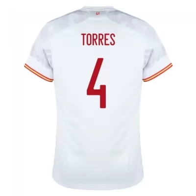 Férfi Spanyol labdarúgó-válogatott Pau Torres #4 Idegenbeli Fehér 2021 Mez Póló Ing