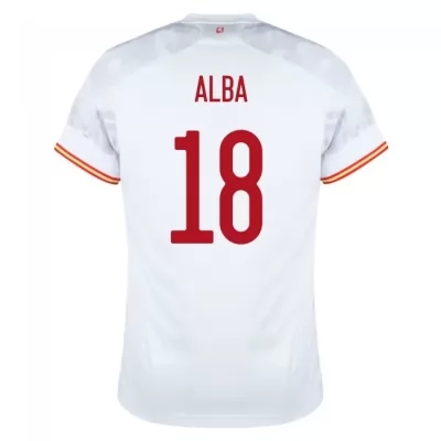 Férfi Spanyol labdarúgó-válogatott Jordi Alba #18 Idegenbeli Fehér 2021 Mez Póló Ing