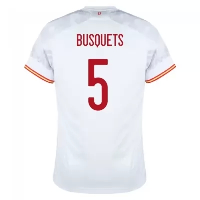 Férfi Spanyol labdarúgó-válogatott Sergio Busquets #5 Idegenbeli Fehér 2021 Mez Póló Ing