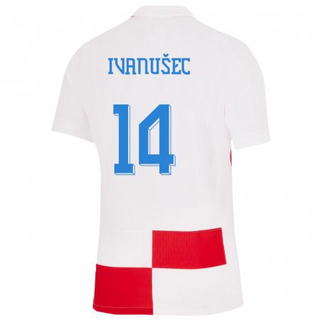 Kandiny Gyermek Horvátország Luka Ivanusec #14 Fehér Piros Hazai Jersey 24-26 Mez Póló Ing