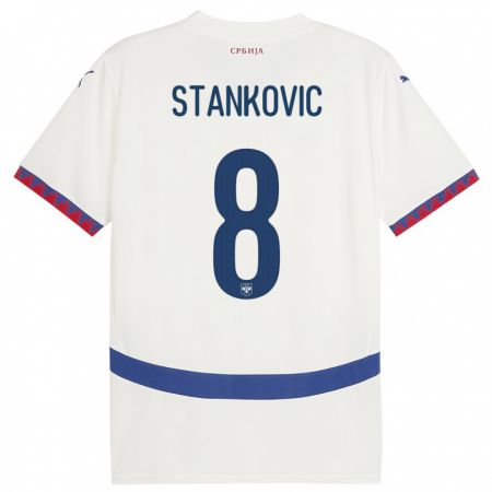 Kandiny Gyermek Szerbia Nikola Stankovic #8 Fehér Idegenbeli Jersey 24-26 Mez Póló Ing