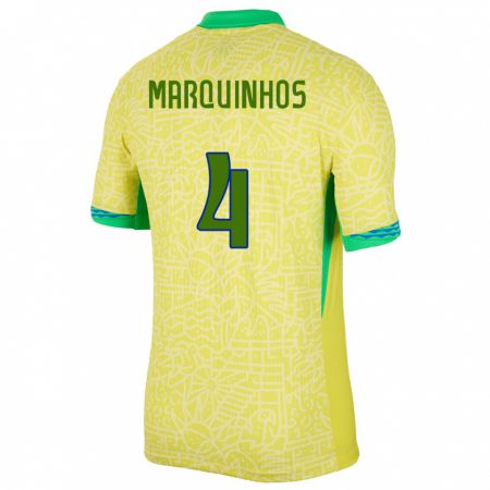 Kandiny Férfi Brazília Marquinhos #4 Sárga Hazai Jersey 24-26 Mez Póló Ing