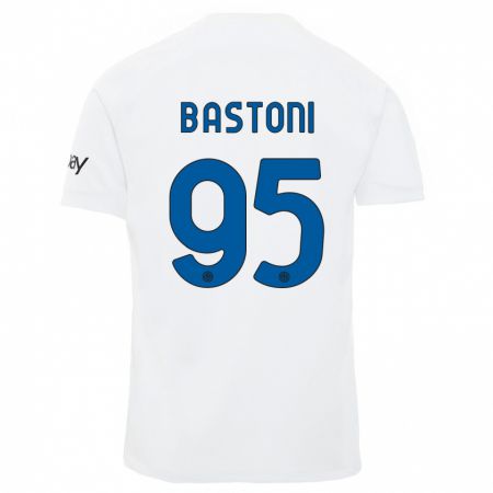 Kandiny Gyermek Alessandro Bastoni #95 Fehér Idegenbeli Jersey 2023/24 Mez Póló Ing