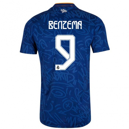 Gyermek Labdarúgás Karim Benzema #9 Sötétkék Idegenbeli Jersey 2021/22 Mez Póló Ing